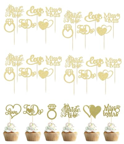SIRLOMU 24x Tortendeko Hochzeit, Cake Topper Set mit Mr & Mrs Deko, Goldene Cupcake Deko, Stabile Halterung für sicheres Arrangement auf Törtchen & Hochzeitsfeiern.