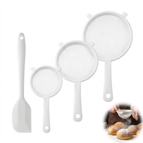 3 Passoires Plastique avec Maryse Spatule Cuisine,Passoires Plastique Kefir en Nylon Blanc,Double Crochet,Anneau de Suspension,pour Thé,Farine,Yaourt,Lave-Vaisselle (ø7,5/11,5/13,5cm+20,5cm Spatule)