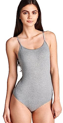 Purple Hanger - Damen Body Einfarbig Schmal Träger Ärmellos Stretch Rundhalsausschnitt Druckknopfverschluss Turnanzug Übergröße - 36-38, Grau