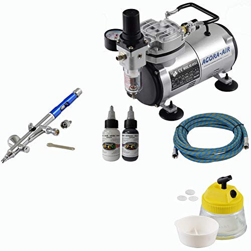 Agora-Tec® Airbrush Nailart Design Komplett Set EXPERT BLUE , inkl. Kompressor mit 4 bar, 1 Stück Double Action Airbrushpistole mit 3 m Schlauch, 1 x Cleaningpot, 2 x 30ml Airbrush Nageldesign Weiß & Schwarz