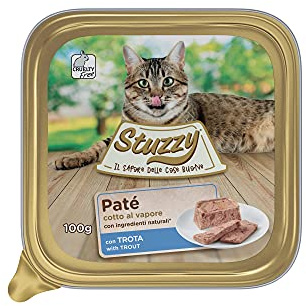 Stuzzy Mister Nassfutter für ausgewachsene Katzen, Geschmack Forelle, Linie Pastete und Fleisch in Stücken, insgesamt 3,2 kg (32 Becher x 100 g)
