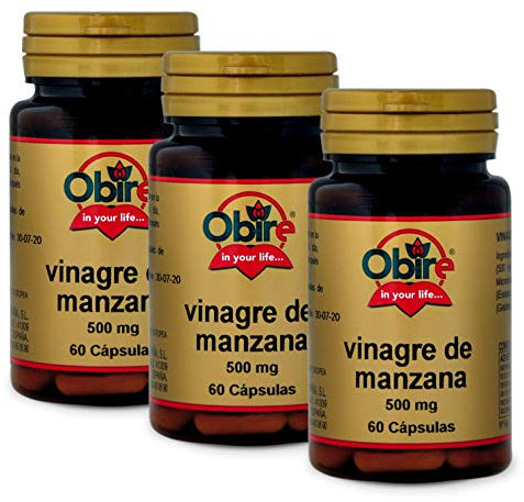 Obire | Vinagre de Manzana 500mg | Pack 3 Unidades | 60 Cápsulas | Detoxificante del Organismo | Ayuda al Proceso Digestivo | Ayuda a Reducir las Molestias Estomacales