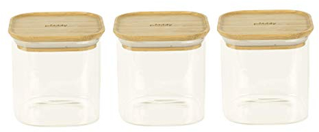 Pebbly - Set de 3 Boite carrées haute en Verre avec Couvercle en Bambou - 800 ml - Empilable, Pour Conserver aliments secs, céréales, amandes…