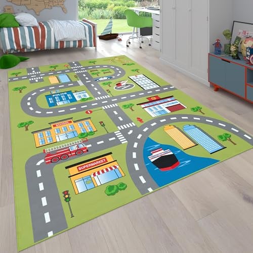 Paco Home Teppich Kinderzimmer Kinderteppich Spielteppich Straßen Und Auto Motiv rutschfest Grün Grau, Grösse:100x200 cm