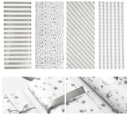 60 Blatt Geschenkpapier Metallic Seidenpapier Folie Packpapier mit Stern Streifen Punktmuster zum Basteln Weihnachten Geschenk Geburtstag Hochzeit, 50x70cm, 4 Muster (Silber)