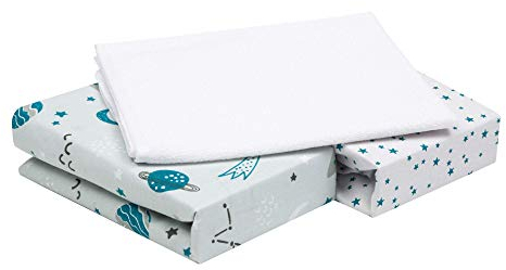 FlyIdeas 3-teiliges Spannbettlaken-Set für Kinderwagen, Stubenwagen & Moseskörbe 75x35 cm – 2 Baumwoll-Spannbettlaken & 1 wasserdichter Matratzenschoner