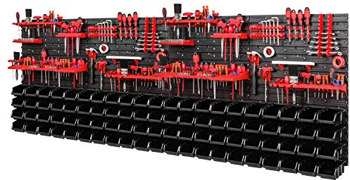 PAFEN Werkzeugwand Lagersystem 2308 x 780 mm - SET Werkzeughaltern und 84 Stück Schwarz Stapelboxen - Wandregal Werkstattregal Lochwand Schüttenregal Sichtlagerkästen