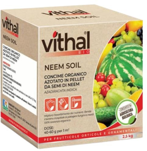 VITHAL Integratore Neem Soil Insetticida Piante Naturale - Concime Organico in Pellet 100% Vegetale, Repellente Insetti, Biodegradabile, Consentito in Agricoltura Biologica, 2,5kg