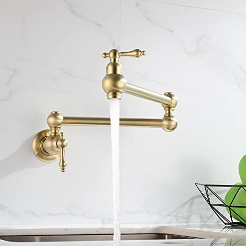 Homelava Grifo de cocina de pared, Grifo llenador de ollas, plegable, extensible, junta doble, 2 manijas, grifo latón oro cepillado