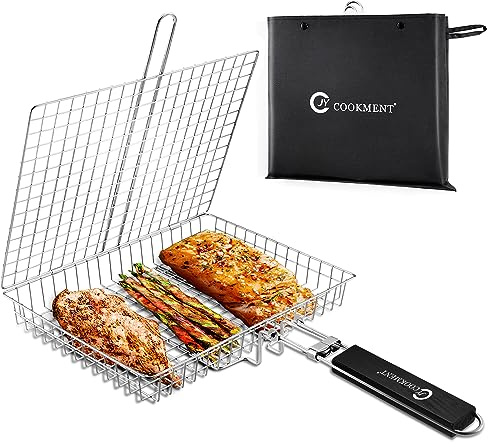 Grillkorb Edelstahl mit tragbarem abnehmbarem Griff Grillkorb | Grillzubehör für Gemüse, Garnelen, Fisch, Steak und den Außenbereich, spülmaschinenfest von JY COOKMENT
