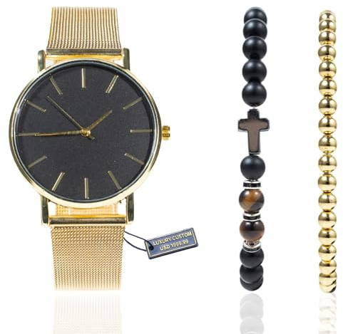 Halukakah Minimalistische Goldene Herrenuhr aus Edelstahl - mit Vergoldetem Hämatit Perlenarmband, Kreuz Tigeraugen Naturstein Perlenarmband, 3er-Set mit Eleganter Geschenkbox