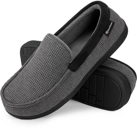 EverFoams Men's Comfort Memory Foam Moccasin Slippers Breathable Terry Cloth House Shoes with Anti-Skid Rubber Sole Grey 12 UK