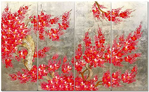 Set di 4 quadri in legno verniciato oro Fiori di ciliegio, 80 x 50 cm, fatto a mano, pannello decorativo in stile asiatico, artigianato del Vietnam (S41-5161)
