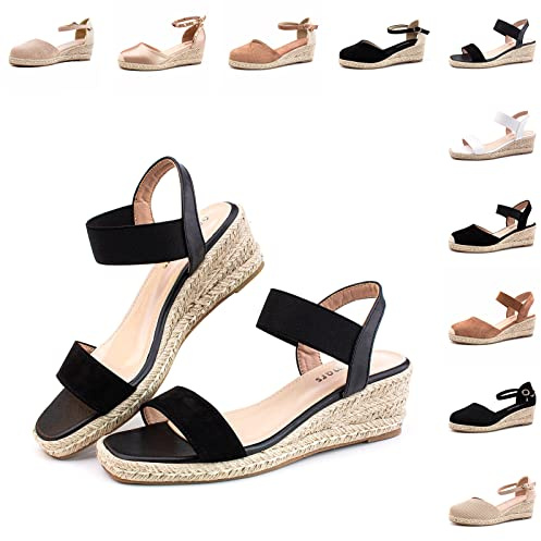 Hitmars Womens Sandals Wedge Espadrilles Ladies Sandals Platform Low Heeled Closed Toe Mid Summer Wedge Sandals Ankle Strap Suede Summer Shoes Black Size 9UK=43EU