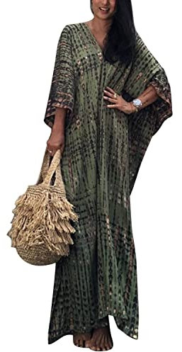 QUNERY Women Kaftan Bathing Suit Bikini Cover Up Free Size Caftans Long Tunic Beach Maxi Dresses A-Army Green one Size