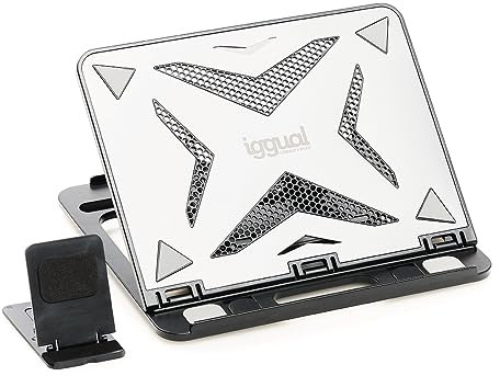 iggual - Soporte Portatil para Portátil y Movil | Base Giratoria Antideslizante - Ajustable con 8 Ángulos - Color Negro y Plata