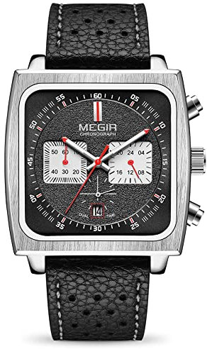 MEGIR Montre de sport rectangulaire à quartz analogique pour homme avec bracelet en cuir et acier inoxydable 2182G, noir, Chronographe, mouvement à quartz
