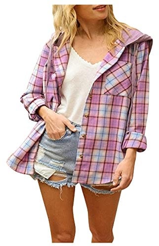 Hemd Damen Kariert Oversized Klassische Freizeit Shacket Flanell Jacke Mit Kapuze Cordhemd Longshirt Langarm Plaid Mantel Hemdbluse Langarmshirt Große Größen Outwear Boyfriend Blusen Tunika Tops