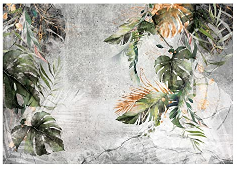 Fototapete Blätter Grün Pflanzen Monstera Beton Vintage Retro - inkl. Kleister - für Wohnzimmer Schlafzimmer Flur Modern Vlies Tapete Vliestapete Wandtapete Motivtapeten Montagefertig (416x290 cm)