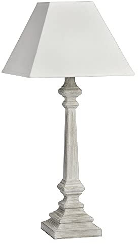 Grey Washed Wood Vintage Rustic Square Column Stem Table Lamp with Linen Fabric Tapered Shade | 51cm Height | 1 x SES E14 Lamp Required | UK Approved | in-Line On Off Switch | Wooden Hand Carved