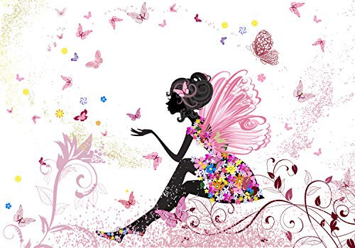 wandmotiv24 Fototapete Kinderzimmer Schmetterlingselfe, 300 x 210 cm - selbstklebende Strukturtapete, Wanddeko, Wandbild, Wandtapete, Elfe,Schmetterling, Blumen, Rosa M0438