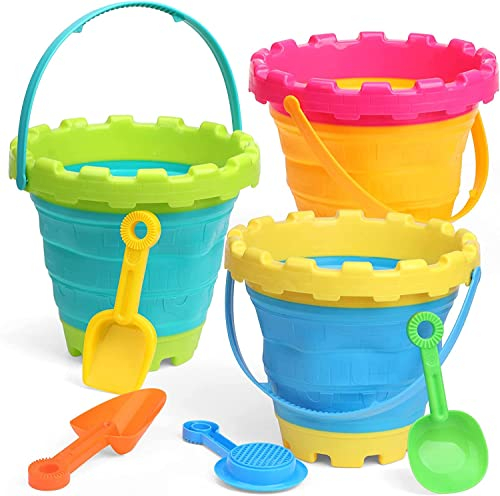 LNCOJOLM Schloss Faltbare Strand Eimer Sand Spielzeug Set für Kinder mit Strand Rake Spate Sieber Kelle, Reise zusammenklappbarer Eimer Easy Stock, Strand Sand Spielzeug Garten Werkzeug Kits