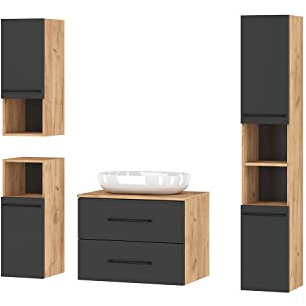 Planetmöbel Badmöbelset Waschtischunterschrank LUX 70 cm Gold Eiche/Anthrazit OHNE Waschbecken mit Hochschrank Gold Eiche/Anthrazit und 2X Midischrank Gold Eiche/Anthrazit