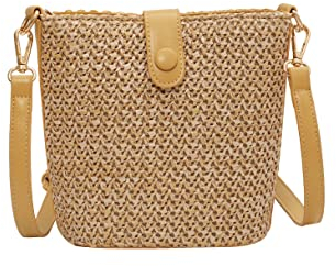Ulisty Damen Klein Strohtasche Mini Gewebt Eimer Tasche Sommer Strandtasche Mode Schultertasche Umhängetasche Handtasche gelb