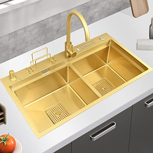 INGVY Fregaderos de Cocina Dorados de Dos Senos, empotrables en la Parte Superior, Profundidad del Fregadero de 24 cm/9,4\