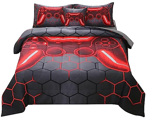 JQinHome Gamer-Bettwäsche-Set für Jungen und Mädchen, 6-teiliges Bett in einer Tasche, 3D-Videospiel-Bettwäsche, Ganzjahres-Bettwäsche-Set aus weicher Mikrofaser, Daunen-Alternative,