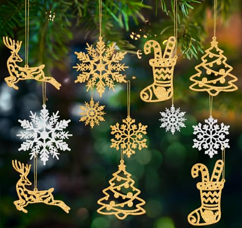 65 Stück Christbaumschmuck Weihnachtsanhänger mit Schnur Schneeflocken Weihnachten Deko Glitzer Weihnachtsbaumschmuck Schneeflocken Anhänger(Weiss, Gold)