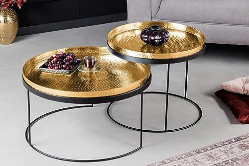 LEBENSwohnART Modernes 2er Set Couchtisch Martello schwarz Gold abnehmbare Tabletts Hammerschlag Handarbeit