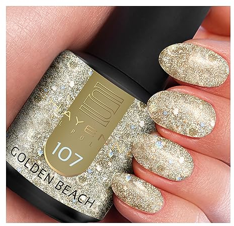 SHAYENNE UV Gel Nagellack - 107 Golden Beach Gold mit Glitzer 15 ml - Langanhaltend, Kratzfest & Hochglänzend - Profi-Qualität - LED kompatibel - Perfekt für Zuhause & Studio - Made in Germany