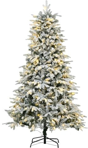 HOMCOM Künstlicher Weihnachtsbaum mit Leuchte, 180 cm Kunsttanne mit Kunstschnee, Standfuß, Kunst Tannenbaum mit 888 Astspitzen für Weihnachtsfest, Indoor