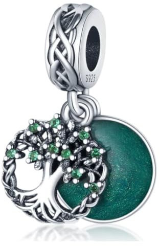 925 Sterling Silver Green Opal Disc Tree Of Life Dangle Bead Charm For Pandora Bracelets Charms Necklace | Cubic Zirconial Enamel Charm | Gift Boxed