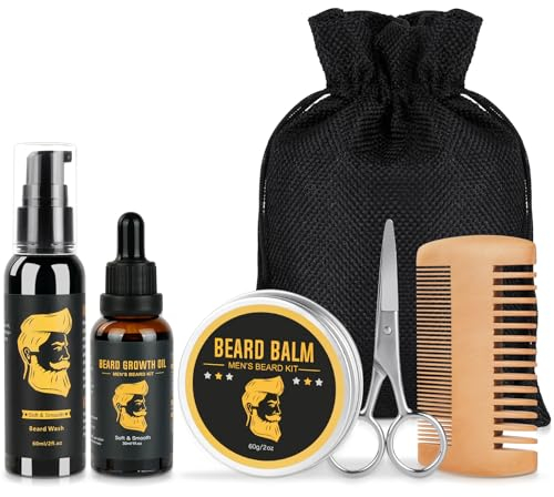 Bartwachstumsset, 6pc Bartpflege Set Mit (Bartöl,Bartshampoo,Bartbalsam,Bartkamm,Bartschere,Reisetasche), Bartwuchs Und Bartpflege Geschenk für Frauen Männer