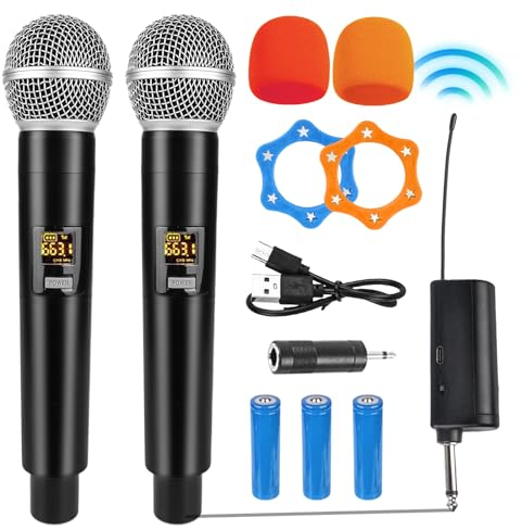 HOSPAOP Microfono Senza Fili, Doppio Microfono Wireless Con Ricevitore Ricaricabile, UHF per Karaoke, Matrimonio, Festa, Lezione, Canto