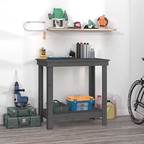 Rantry Work Bench Grey 80x50x80 cm Solid Wood Pine, Heavy Duty Workbench Table Workshop Shed Work Benches