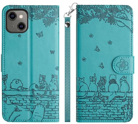 Case for iPhone 13 Phone Case,iPhone 14 Phone Case, Embossed Cute Cats PU Leather Flip Case for iPhone 13/14 with Card Holder and Magnetic Closure, Blue