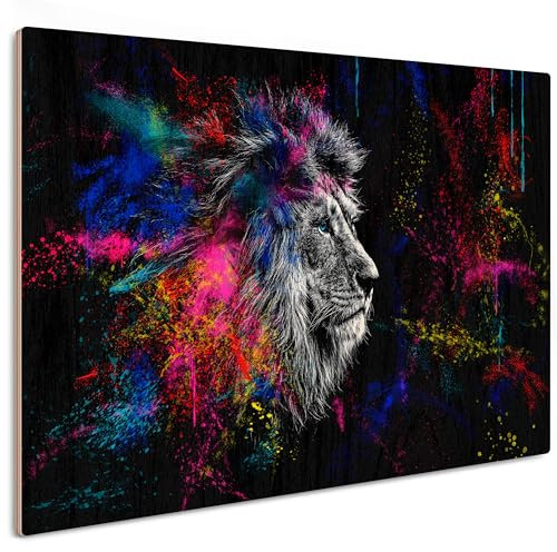HEALANCY Bilder Löwe Tiere - 100% HOLZ - KOMPLETT AUFHÄNGFERTIG - Wandbilder Wohnzimmer - Deko Modern - Wanddekoration Schlafzimmer - Kunstdruck Wanddeko - Abstrakt schwarz bunt