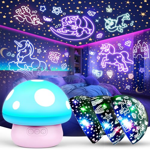 Veilleuse Enfant Champignon Licorne - Lampe Projection Étoile pour Bébé - Cadeau Fille et Garçon 2-10 Ans - Jouet Noël
