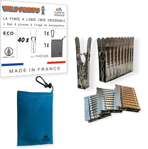 Wild PinUps: 40 Pinces à Linge Inox Pincinox avec Panier Pince à Linge et Mousqueton. Pour Buanderie, Fil à linge, séchoir à linge. On en Pince pour l'Epingle a Linge solide et durable, Made in France