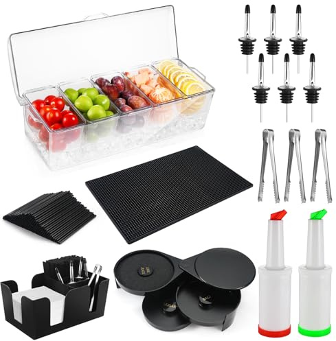 Garnish Tray Bartending Supplies Set for Bar,Club, Restaurant (Clear) | Bar Mat Garnish Tray Lid Bar Caddy 3 Tier Bar Glass Rimmer 2 Pour Bottles 3 Mini Tongs 12 Bottle Pourers 500 Cocktail Straws
