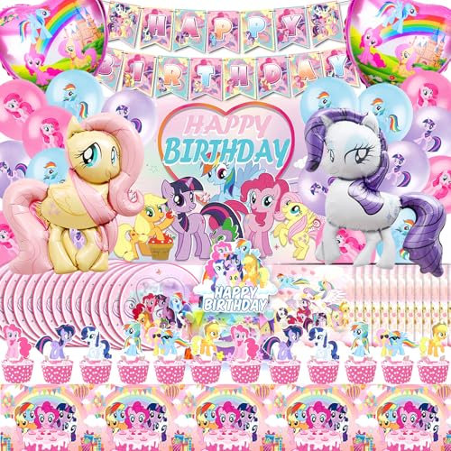 80 Stück Geburtstagsdeko Set mit Pony-Ballons, Pony-Tischdecke und Dekoration für Ponyliebhaber
