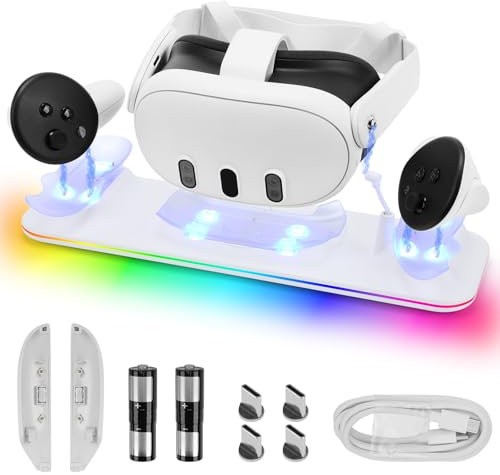 Auniq Charging Dock for Oculus/Meta Quest 3, VR Headset Charging Station with RGB Light Fast Charging Stand for Quest 3 Headset & Controller Quest 3 Charger Display Stand with 2 Rechargeable Batteries