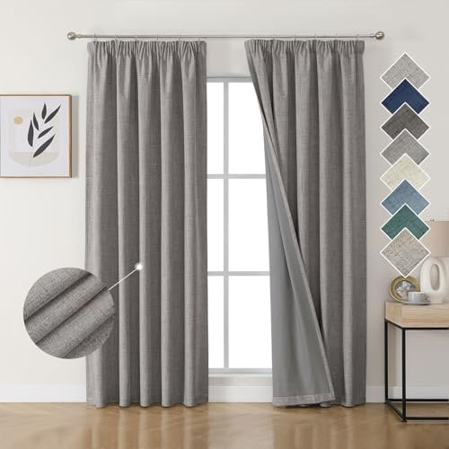 Joydeco 100% Verdunkelungsvorhänge Leinen Gardinen mit Kräuselband 2er Set H200xB140cm Hellgrau, Thermovorhang Kälteschutz Blickdicht Schallschutz Ideal für Wohnzimmer passt zu Schienensystemen