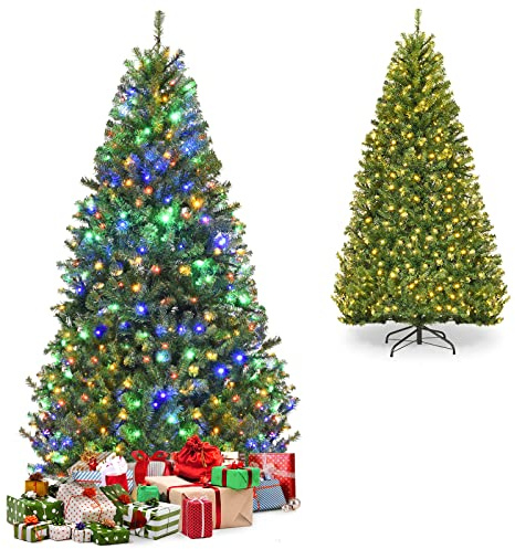 KOMFOTTEU Árbol de Navidad Artificial con Iluminación LED, 11 Modos de 2 Tipos de Cambio 5 Colores, Árbol Navideño con Ramas PVC, Soporte de Metal Plegable (180 cm)