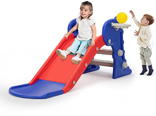 LeFluffy Kids Dinosaur Slide, First Slide, Kids Slide, Folding Toddler Slide with Basketball Hoop and Ball, Playset for Children Indoor and Outdoor Play, Age 1 2 3 4 5 6 (Red and Blue)