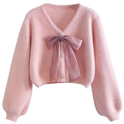 Générique Pull Court Femme Chic et Elegant Nœud Papillon Pull Polaire Hiver Chaud col v avec Perle Boutons Pullover tricoté léger à la Mode Chandail Manche Longue Thermal Style Kawaii Cardigan
