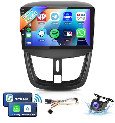 VECHTEL 2G+64G Autoradio pour Peugeot 207 2006-2015 avec CarPlay Android Auto sans Fil, Écran Tactile 9 Pouces Autoradio Android 13, GPS WiFi Bluetooth Mirror Link Caméra de Recul HD